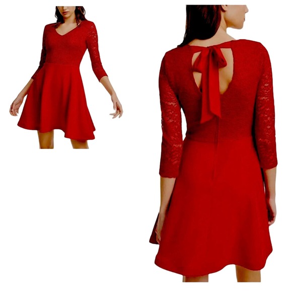 B Darlin Dresses & Skirts - B. Darlin Lace Crepe Ruby Red Bow Back Skater Cocktail Party Bow Back Mini Dress